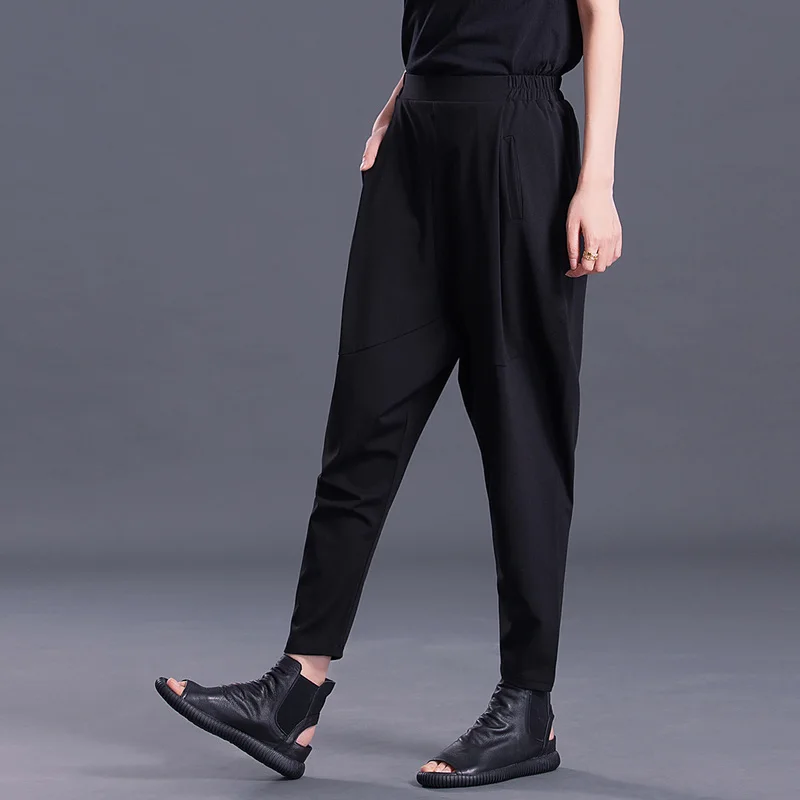 [EAM] новые весенние модные черные плиссированные карманы с высокой талией эластичные Простые Универсальные женские шаровары SA157