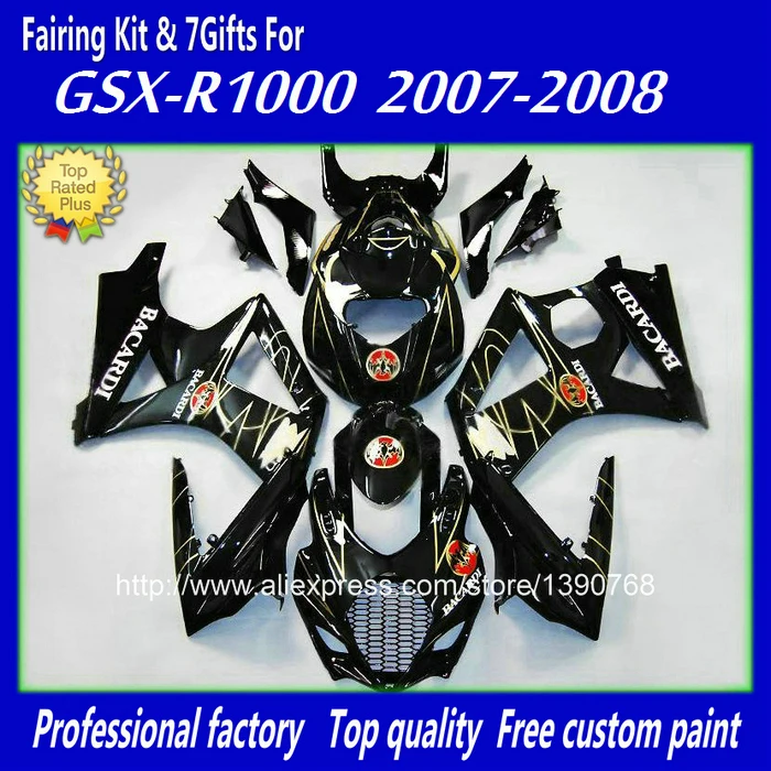 

Free customize fairings set for SUZUKI K7 GSXR1000 07 08 glossy black BACARDI fairing kit GSXR 1000 2007 2008 bodywork BM52