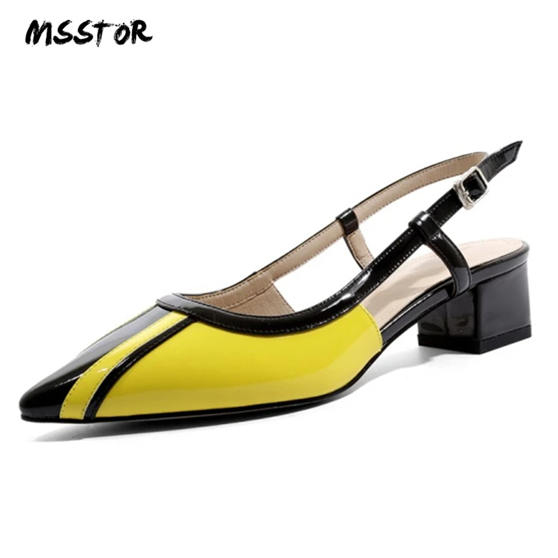 

MSSTOR Cow Leather Women Summer Sandals Yellow Buckle Strap Mixed Colors Pointed Toe High Heels Sandals Square Heel Strap Heels