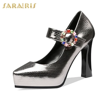 

SARAIRIS Genuine Leather Platform Sexy High Heels Buckles Elegant women's Shoes fashion Ins Mature women's Pumps