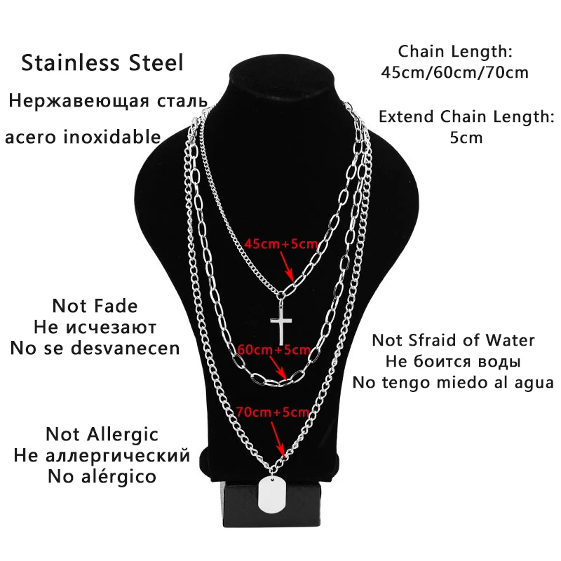 Stainless Steel Three Layer Necklace Set Cross Pendant Chain Necklaces Fashion Women Men Punk Rock Street Jewelry Sweater Choker