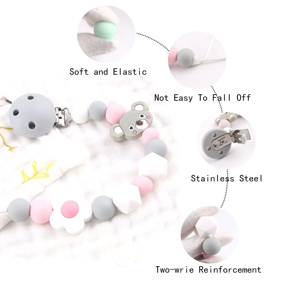 Let's Make Silicone Pacifier Clips Chewlery Beads Mini Koala Holder Soother Clips BPA Free Baby Teething Dummy Clips Chains Gift