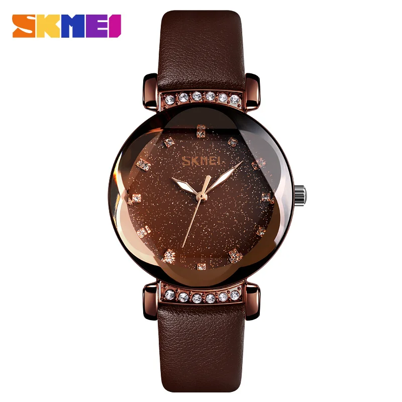 SKMEI Fashion Casual Ladies Watch Women Quartz Wristwatches Stainless Steel Wristband Waterproof Quartz Watches reloj mujer 9188 - Цвет: Coffee leather belt