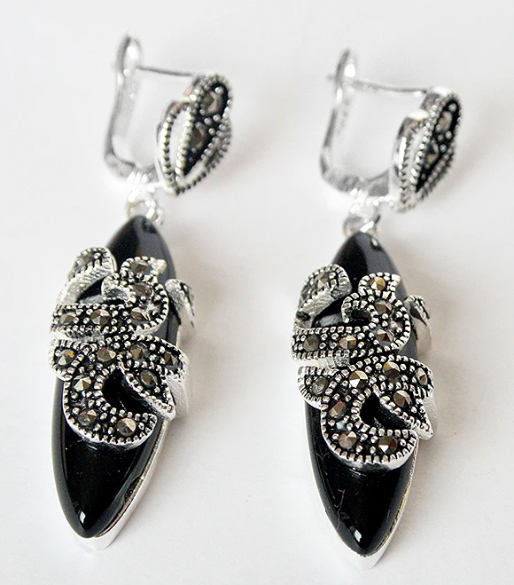 

hot sell new - 11/2" New 925 Sterling Silver & Marcasite inlay Natural Black Agate fashion Earrings