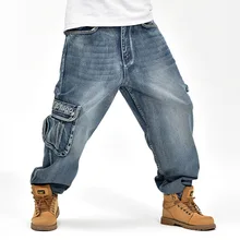 New Japan Style Brand Mens Straight Denim Cargo Pants Biker Jeans Men Baggy Loose Blue Jeans With Side Pockets Plus Size 40 46