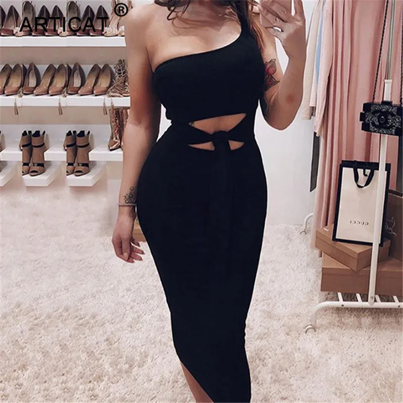 Articat Off одно плечо Sexy Bodycon трикотажные Осень платье Для женщин выдалбливают бинты