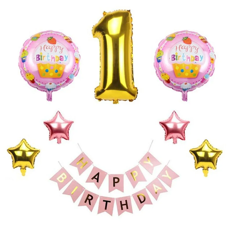 Детские 1 день рождения воздушные шары Синий Розовый Фольга водяные шары Младенцы первый день рождения украшения один год День рождения Дет...