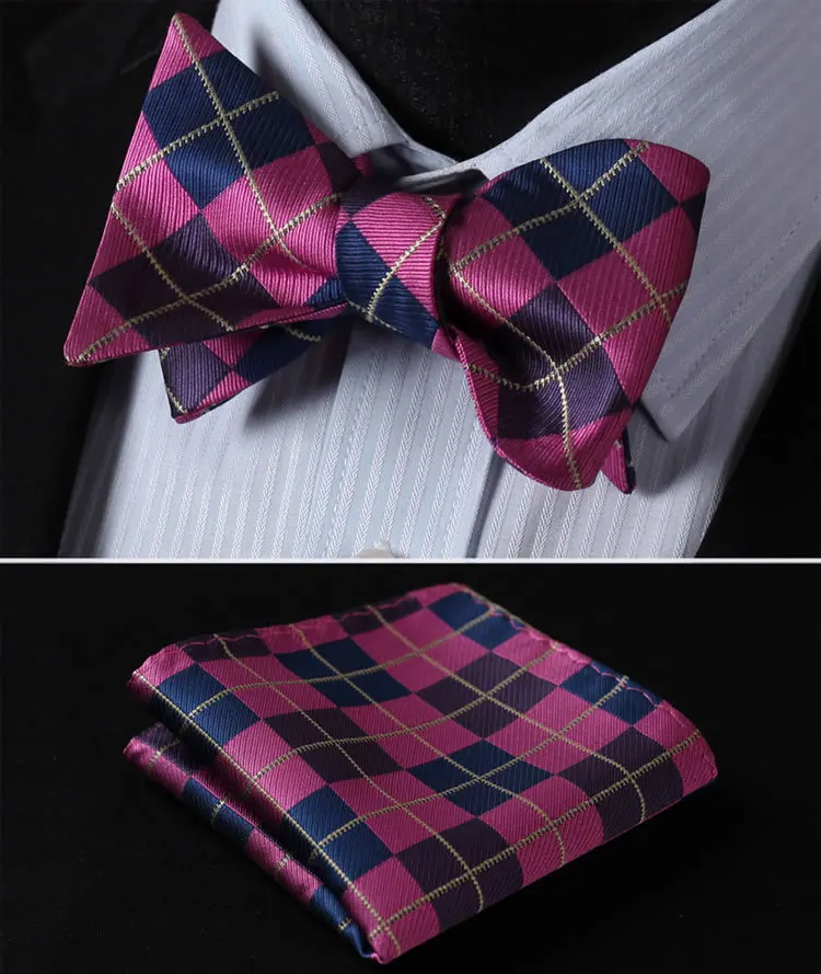 BC4008V Navy Blue Pink Check Silk Men Woven Self Bow Tie Pocket Square Set