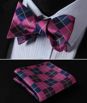 

BC4008V Navy Blue Pink Check 100%Silk Jacquard Woven Men Butterfly Self Bow Tie BowTie Pocket Square Handkerchief Hanky Suit Set