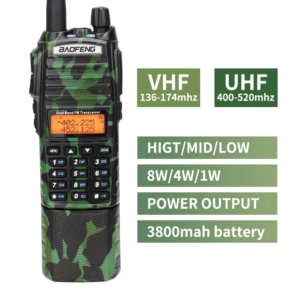 Baofeng UV-82 Plus Tri-power 8 Вт/4 Вт/1 Вт 3800 мАч батарея 2-PTT VHF UHF Двухдиапазонная U.S Army Tactical Ham Радио рация