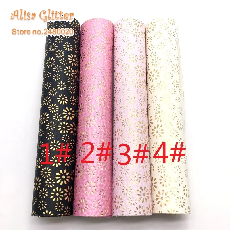 1PCS A4 SIZE 21X29cm Alisa Glitter Cuero Sintetico Synthetic Leather Embossed Gold Flowers for DIY E24