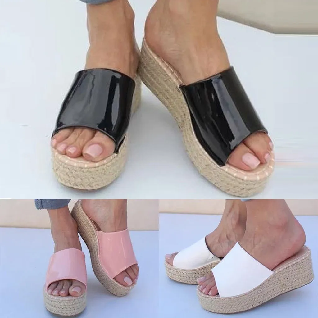 

Straw Hemp Bottom Wedges Womens Fashion Thick Bottom Shoes Open Toe Roman Style Slip On Beach Sandals High Heels Casual Slides