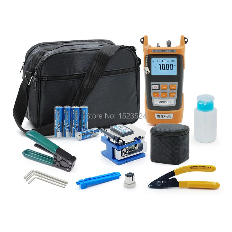 

9pcs/set FTTH Fiber Optic Tool Kit with Fiber Cleaver Wire Stripper All in One Optical Power Meter Visual Fault Locator 5km