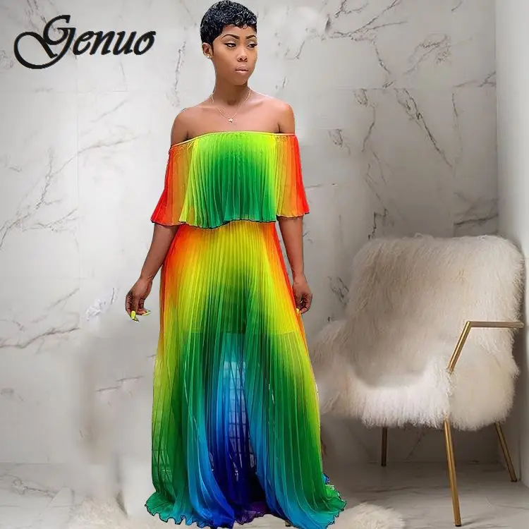 

2019 women beach Gradient tie dye print chiffon off shoulder butterfly sleeve maxi pleated dress sexy boho long dresses