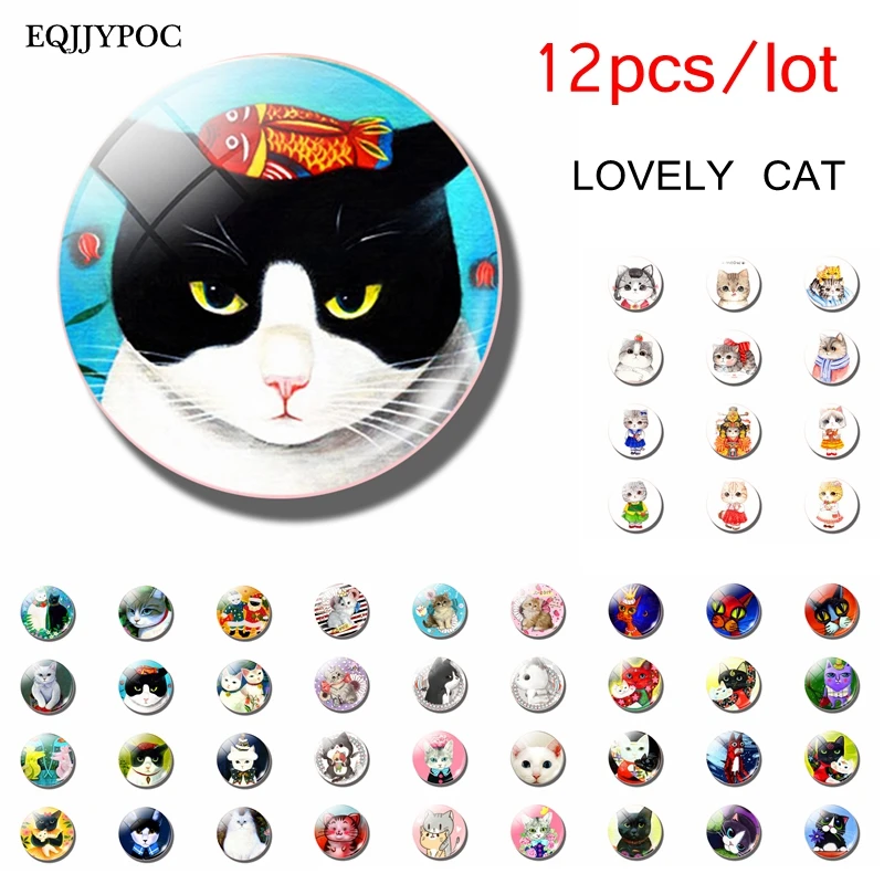 12pcs Cute Cat Fridge Sets Lovely Kitty 25MM Glass Note Holder