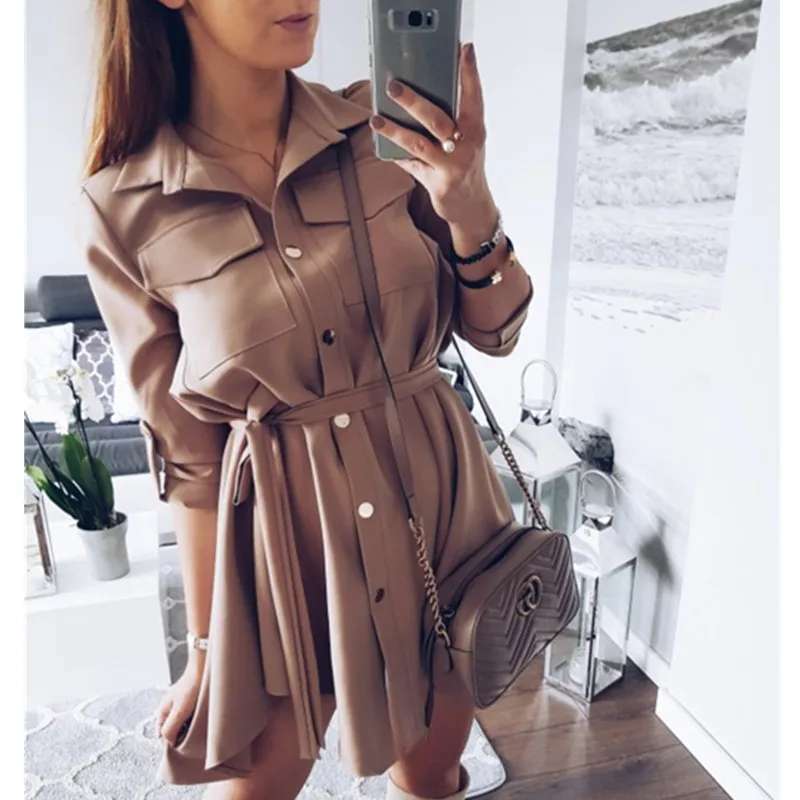 

Women Shirt Dress Sexy Slim Single Breasted Turn-down Collar Mini A-line Dress Sashes High Waist Pleated Wrap Dresses Vestidos