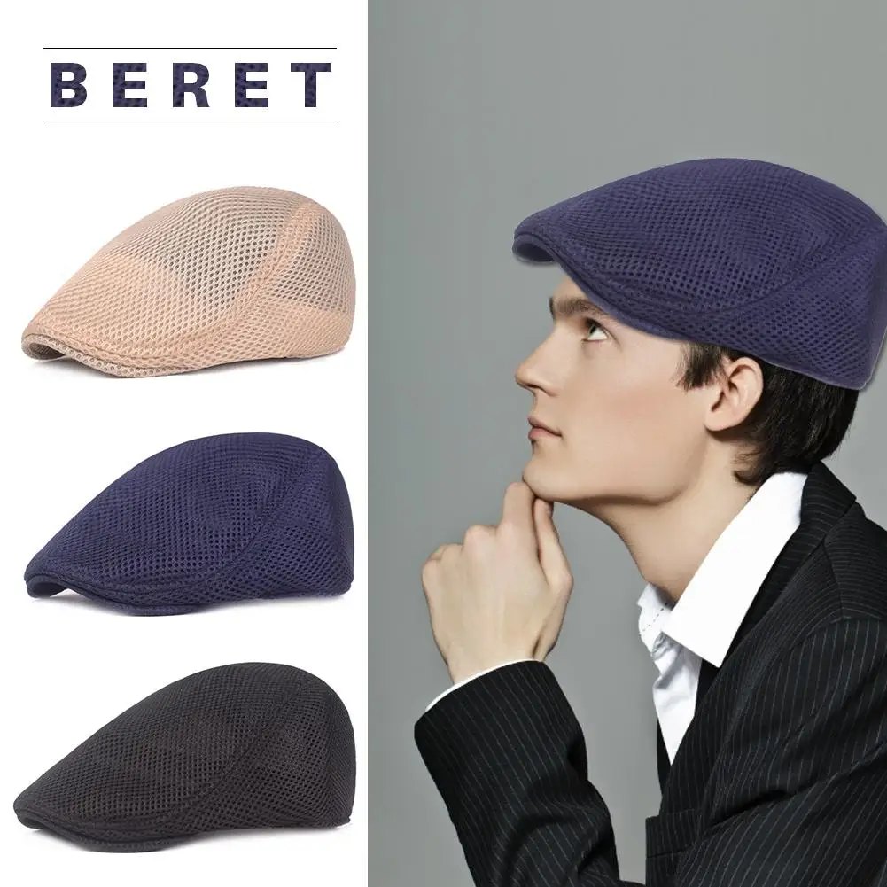 

Summer British Style Outdoor Casual Solid Color Breathable Men Mesh Beret Sun Cap Spring Adjustable Sports Hat Flat Mesh Caps