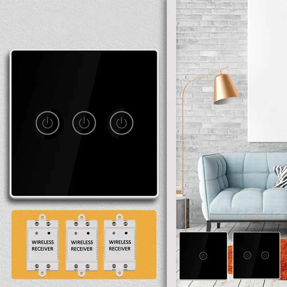 

30m RF Bridge Touch Control Wireless Smart Light Switch+Receiver 1/2/3 Gang for Household Appliances Unlimited Connections