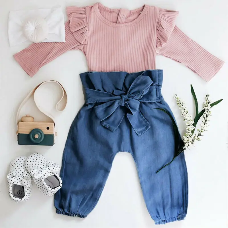 2pcs Newborn Kids Baby Girl Long Sleeve Romper Bodysuit Long Pants Outfits Set