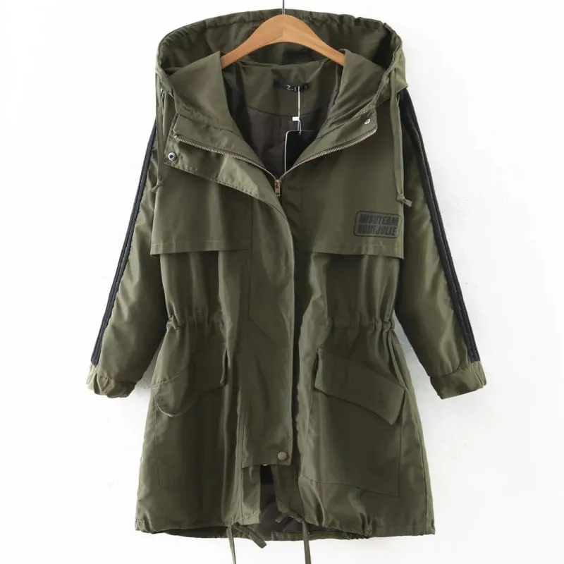 

Women's Autumn Drawstring Windbreaker Hooded Trench Army Green/Black Colors Leisure Zipper sports Trench Fashion Loose Outerwear