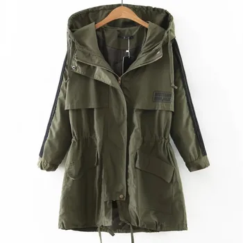 

Women's Autumn Drawstring Windbreaker Hooded Trench Army Green/Black Colors Leisure Zipper sports Trench Fashion Loose Outerwear