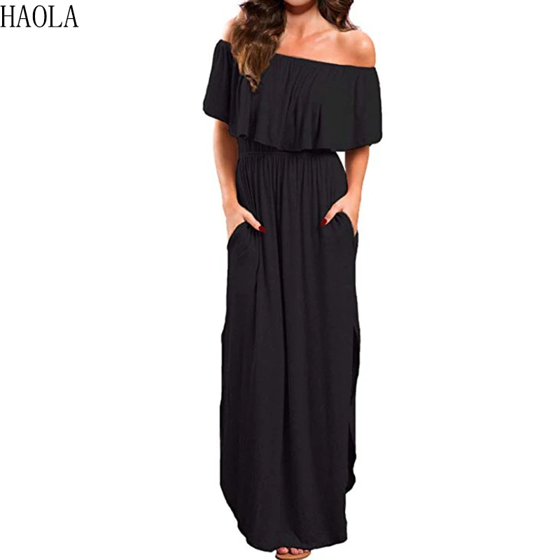 

Womens Off The Shoulder Maxi Dress with Pockets Beach Sundress Casual Long Ruffle Long Dress Side Split Solid Ruffles