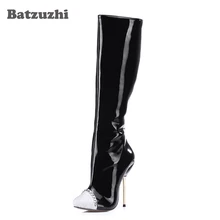 Batzuzhi/роскошные женские ботинки; Новинка года; модные длинные ботинки для вечеринок; черные кожаные сапоги с острым носком на каблуке 12,4 см; пикантные сапоги на железном каблуке