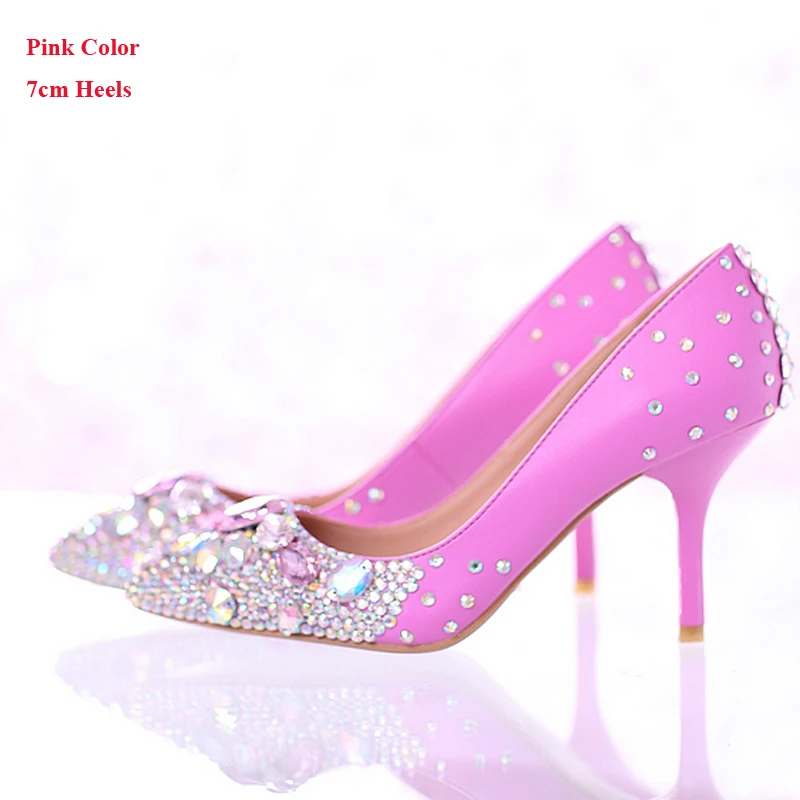 Новинка; Красивая свадебная обувь; свадебные модельные туфли со стразами; пикантные женские туфли на высоком каблуке с острым носком; цвет розовый; AB Crystal