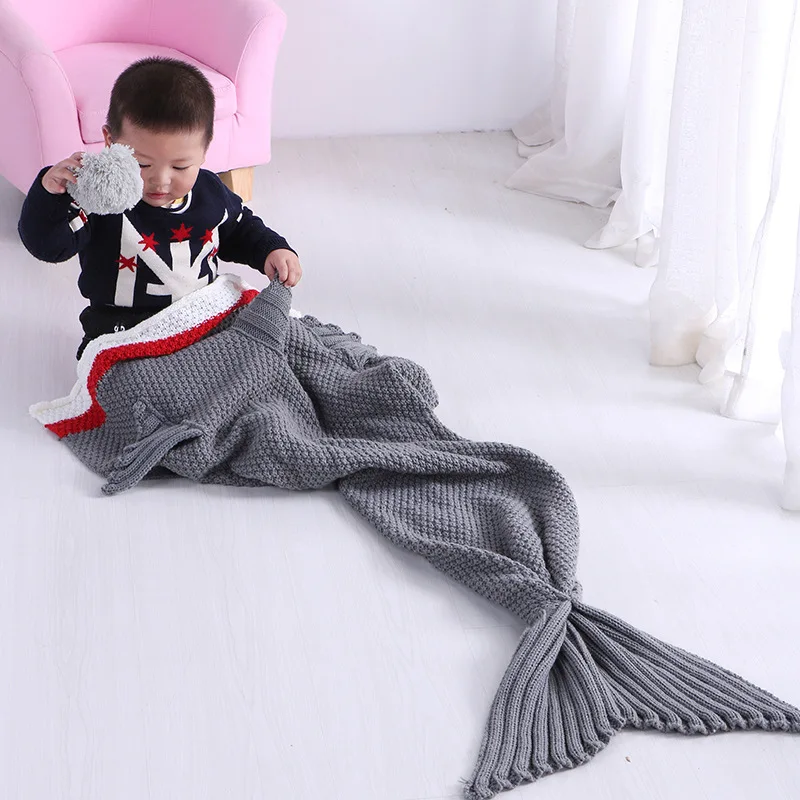 

Lovely Crochet Knitted Grey Shark Design Blanket for Children Boys Animal Soft Comfortable Breathable Sofa Sleeping Bag B003#2
