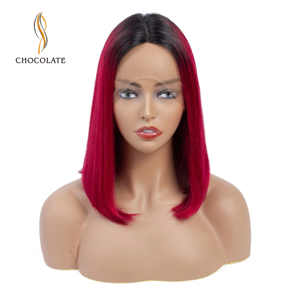 Омбре красный Т-образный парик из человеческих волос для женщин бразильские прямые человеческие волосы парики Remy короткие Боб кружевные парики из волос средняя часть