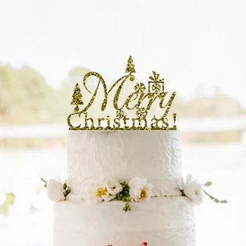 

Merry Christmas Cake Topper Acrylic Party Decorations Gold Christmas Tree and Gifts Cake Topper Holiday Cake Topper Home Decor