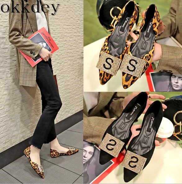 

Woman shoes 2019 new hot fashion pointed leopard rhinestone shallow mouth hollow sequined ladies shoes a007