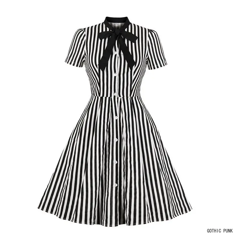 

Women Vintage Stripe Dress Summer 50s Bow Collar Elegant Office Casual Stylish Goth Ladies Retro Rockabilly Dresses