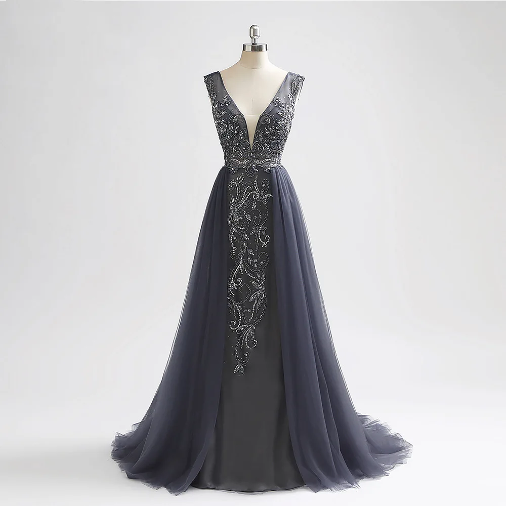 

Luxury Dark Gray Mermaid Evening Dresses Emeradald Green Train V-neck Backless Beading Crystal Prom Party Gowns 2019