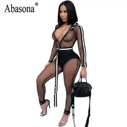 Abasona модные, пикантные Для женщин Твердые видеть сквозь с поясами молния с длинными рукавами комбинезон Для женщин тощий клуб с капюшоном