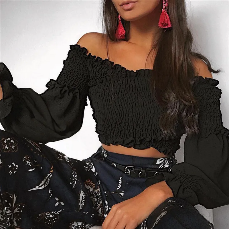

Fashion Ladies Off The Shoulder Crop Tops Sexy Slash Neck Lantern Sleeve Blouse Spring Women Casual Wrap Blouse Shirts