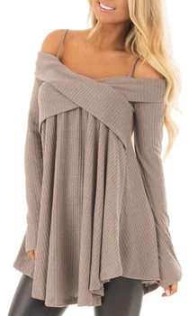 

Long Sleeve Festivals Classics Comfort Elegance Plus Size Women Slash Neck Cold Shoulder Pure Color Knitted Casual Sweater