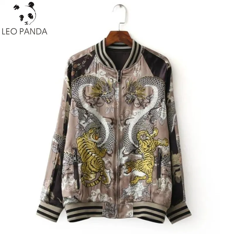 

2018 Autumn Women Dragon Tiger Embroidered Bomber Jacket Fashion Brand Double Sided Printed Pilot Outerwear Jaqueta Female HF306