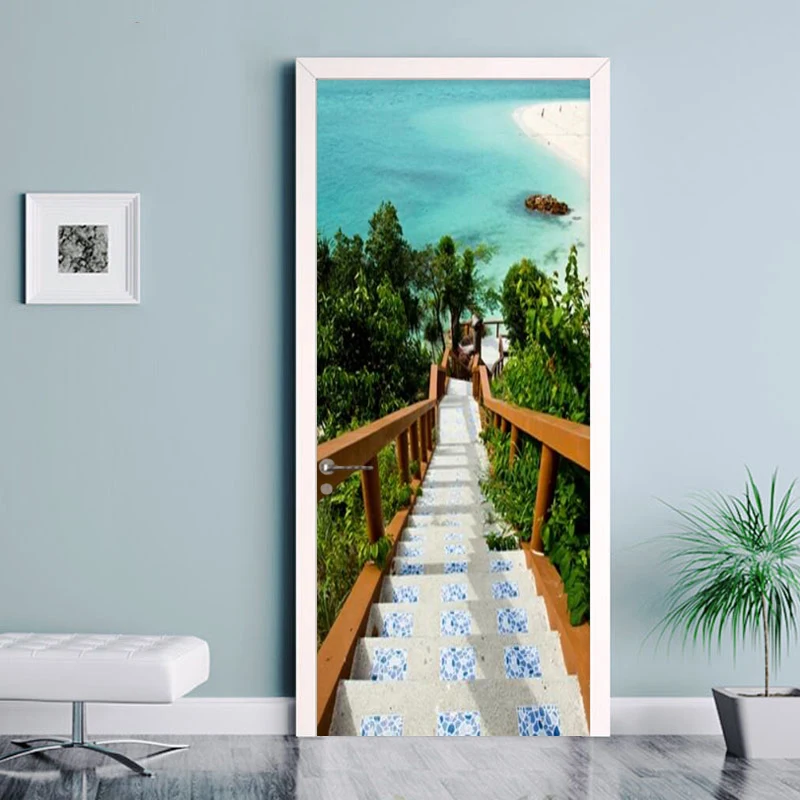 

PVC Self Adhesive Waterproof Door Sticker 3D Aegean Sea Stairs Photo Wallpaper Living Room Bedroom Home Decor Wall Paper For 3 D