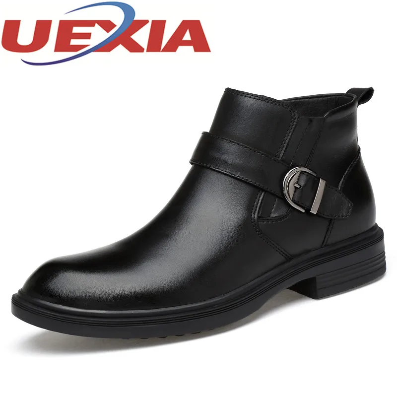 

Plus Size 46 Unisex Genuine Leather Warm Boots Mens Winter High Top Ankle Plush Boots Military Boots Outdoor Cotton Fur Shoes