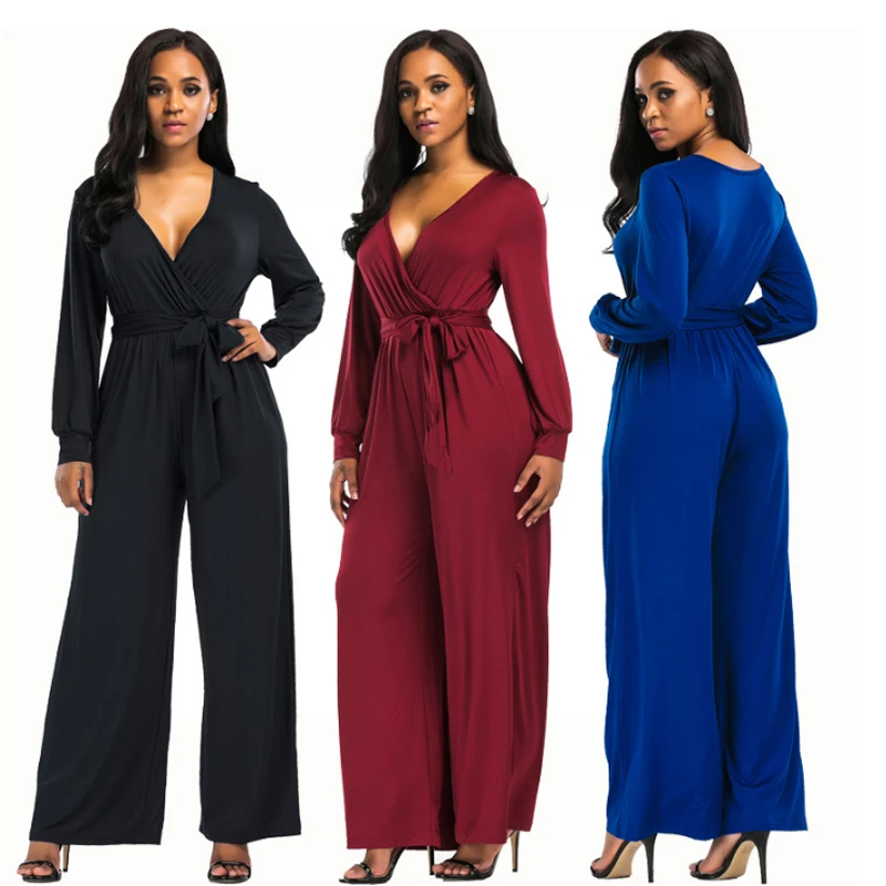 Women Long Sleeve Wide Leg V Neck Jumpsuit High Waist Summer Jumpsuit