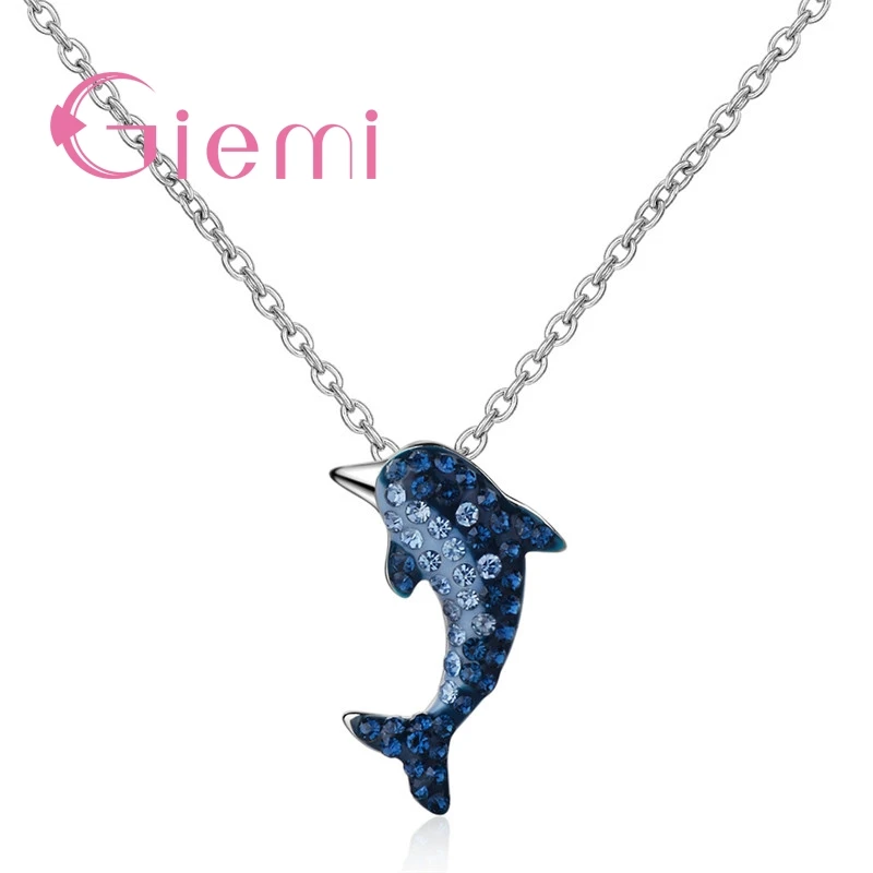

925 Sterling Silver Full Crystal Dolphin Pendant Necklace For Beloved Wife Daughters Birthday Dance Party Accessories Hot Sale