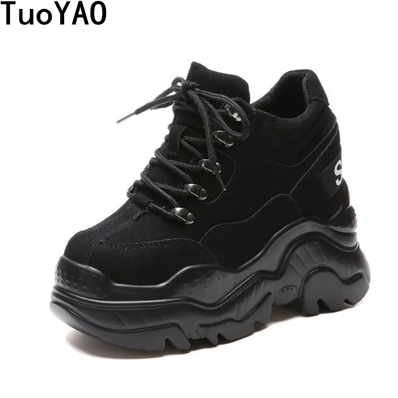 

2019 Spring High Platform Boots 12CM High Heel Women Thick Sole Shoes Leather Wedge Sneakers Waterproof Breathable Casual Shoes