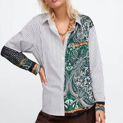 

2018 OYK8654 Autumn za Women's Fashion pinstripe shirts trun down collr full sleeve Blouse birds prints women's summer blouse