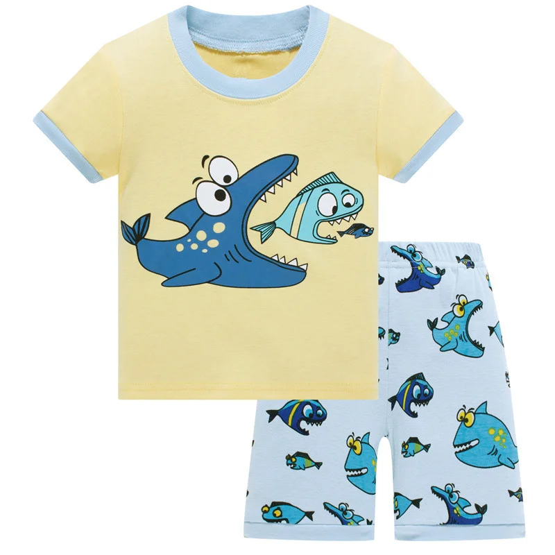 PS376, рыба, 1 компл. летние детские пижамы для мальчиков, с коротким рукавом комплекты одежды для сна для От 2 до 7 лет, хлопок