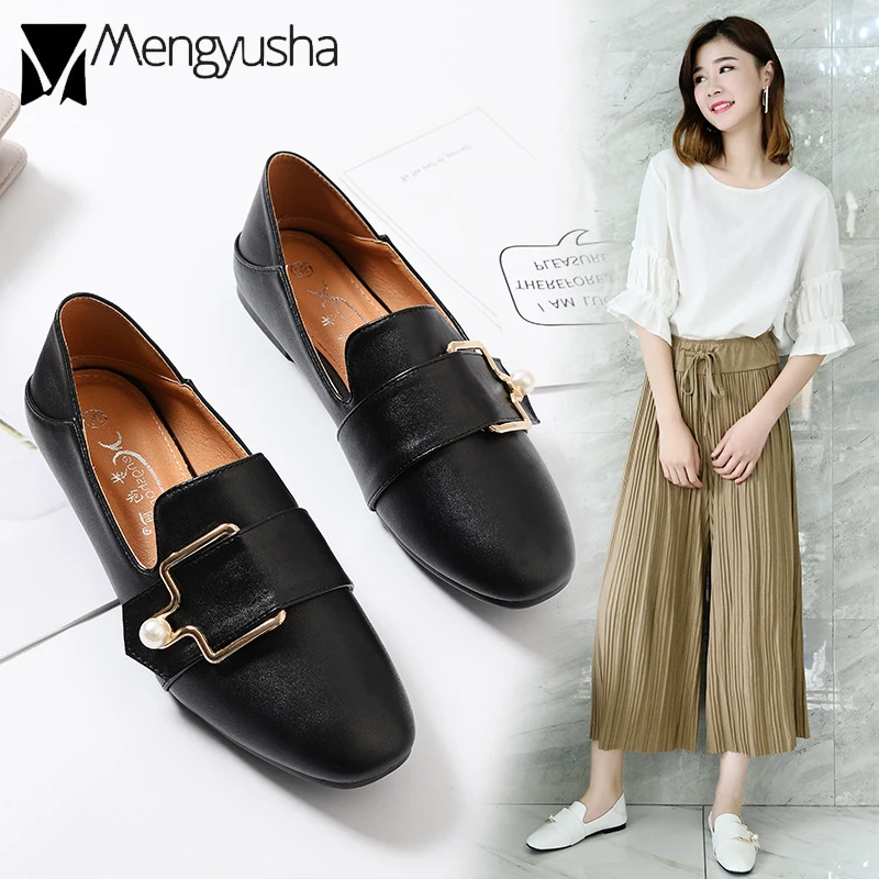 

soft leather pearl buckle loafers woman tow wear moccasins 2019 brand ballet flats woman ballerina single shoes lady slip on
