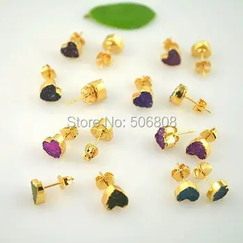 

5Pairs Stud Earrings Mixed Color Adorable Heart Natural Geode Drusy Stud Earrings Natural Stone
