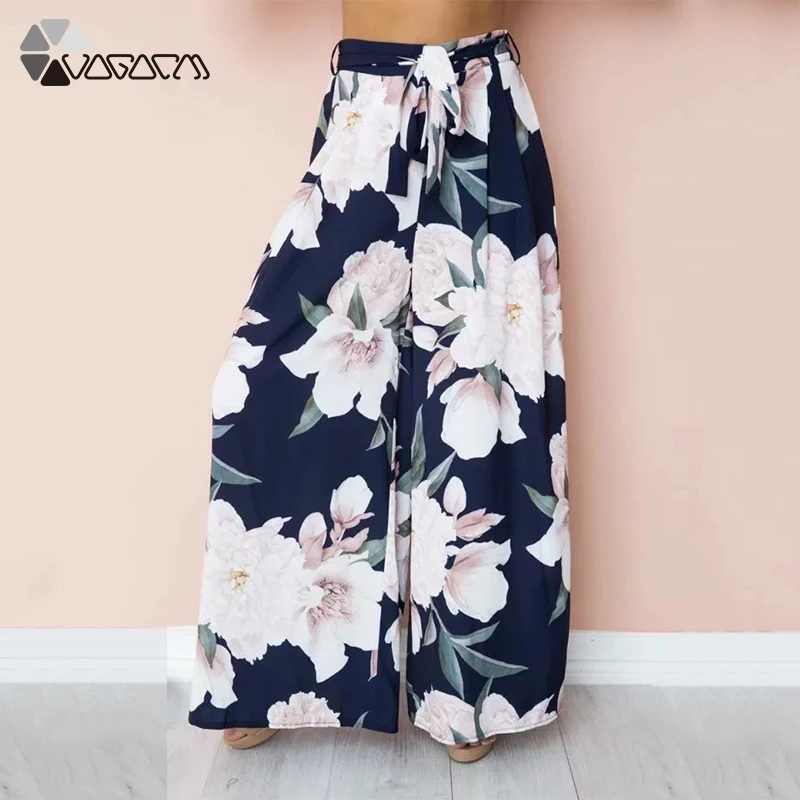 

Plus Size Women Casual Summer Flower Print Wide Leg Pants Boho Loose Elastic Waist Chiffon Beach Holiday Long Pants