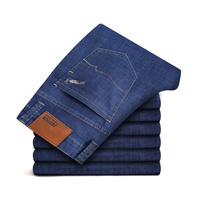 28-46 Большие размеры мужские деловые тонкие повседневные джинсы новые осенние брендовые хлопковые эластичные однотонные брюки с карманами и вышивкой - Цвет: Синий