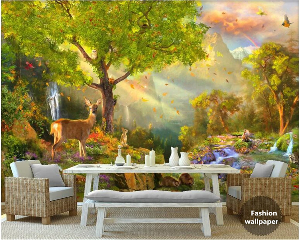 beibehang Custom Silk Cloth Wallpaper Sunlight Green Forest Forest deer Creek River Landscape Oil Painting 3d wallpaper tapety